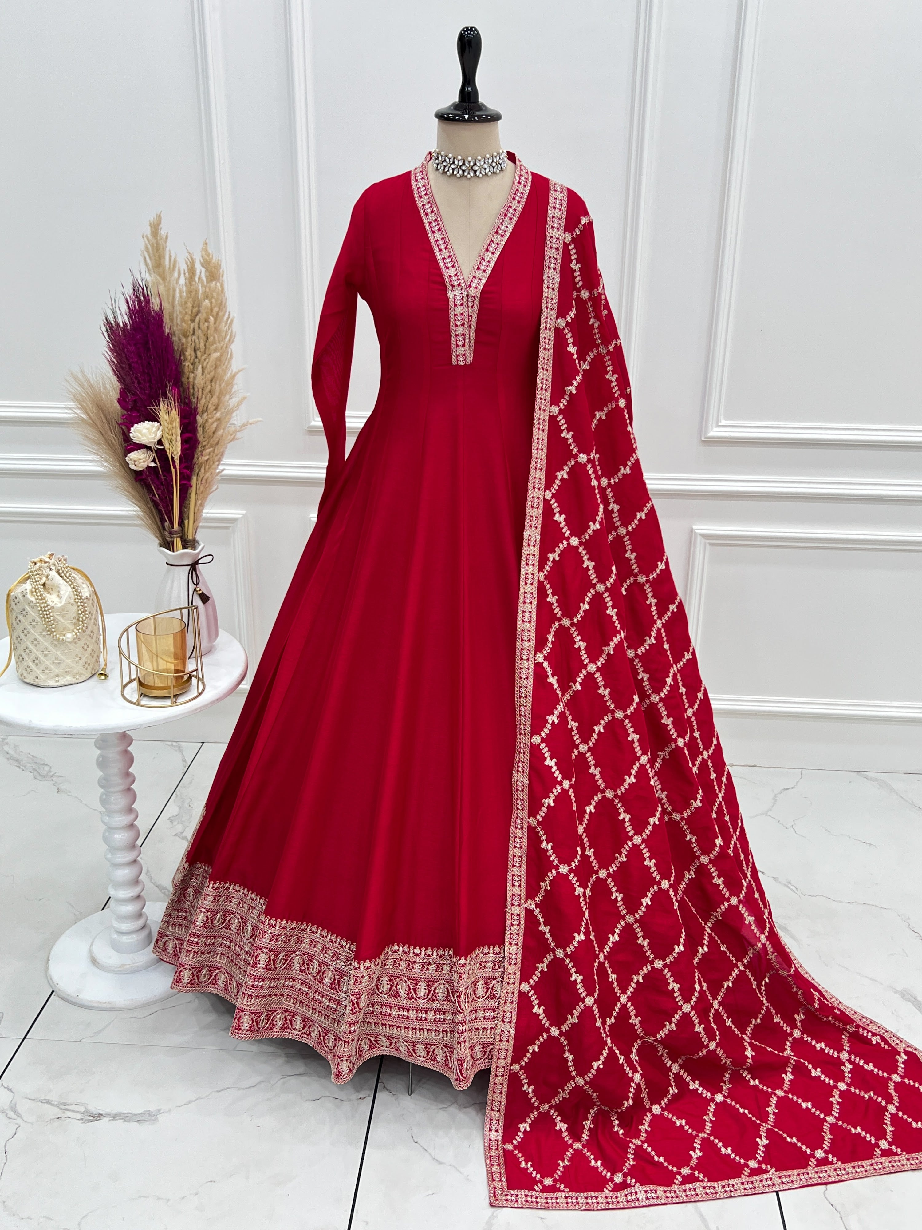 Vichitra Silk Embroidered Gown Set – Red