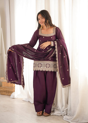 Glass Roman Silk Embroidered Kurta-Farshi Set – Purple
