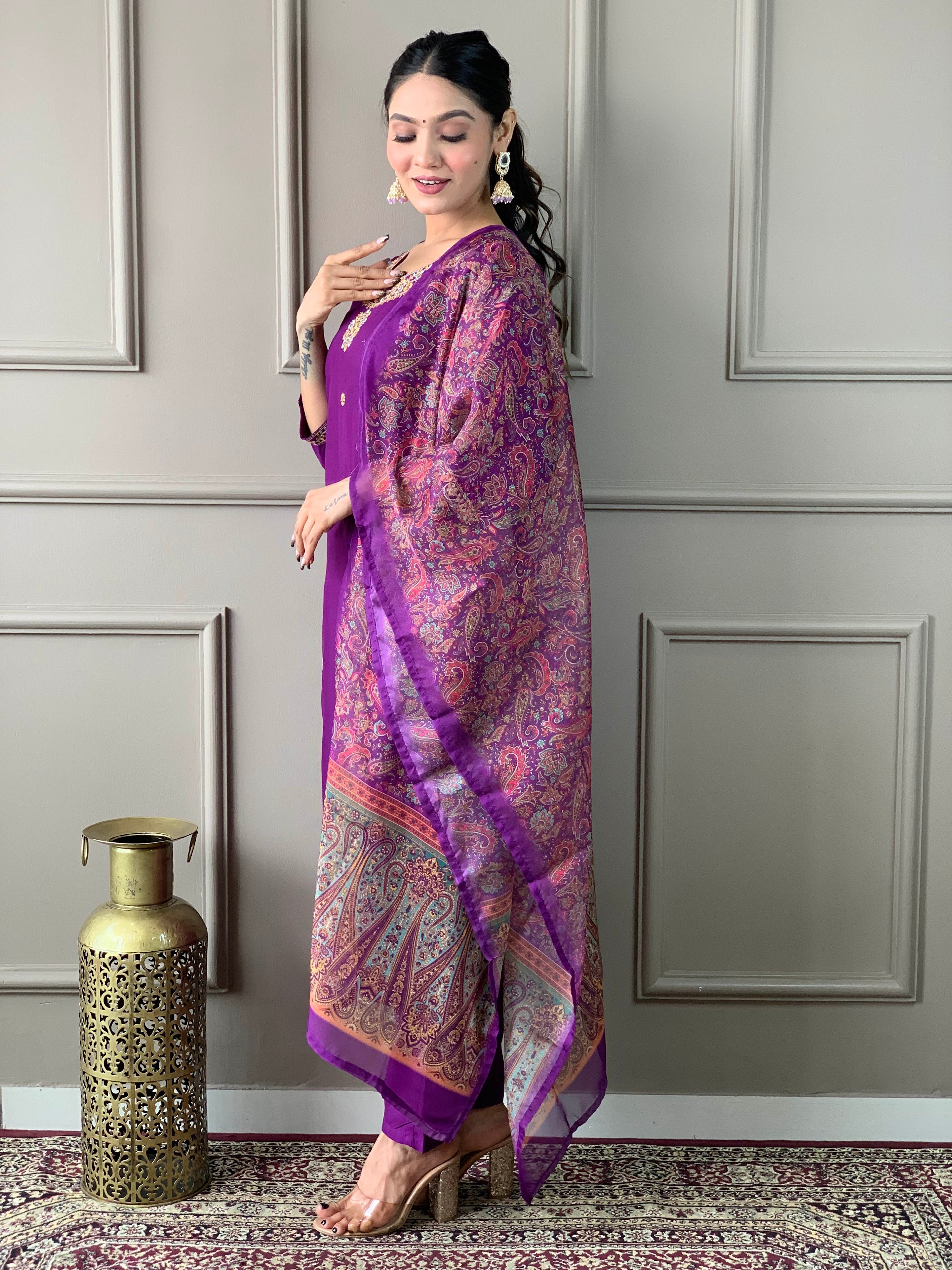 Rayon Slub Embroidered Kurta Pant Dupatta Set – Purple
