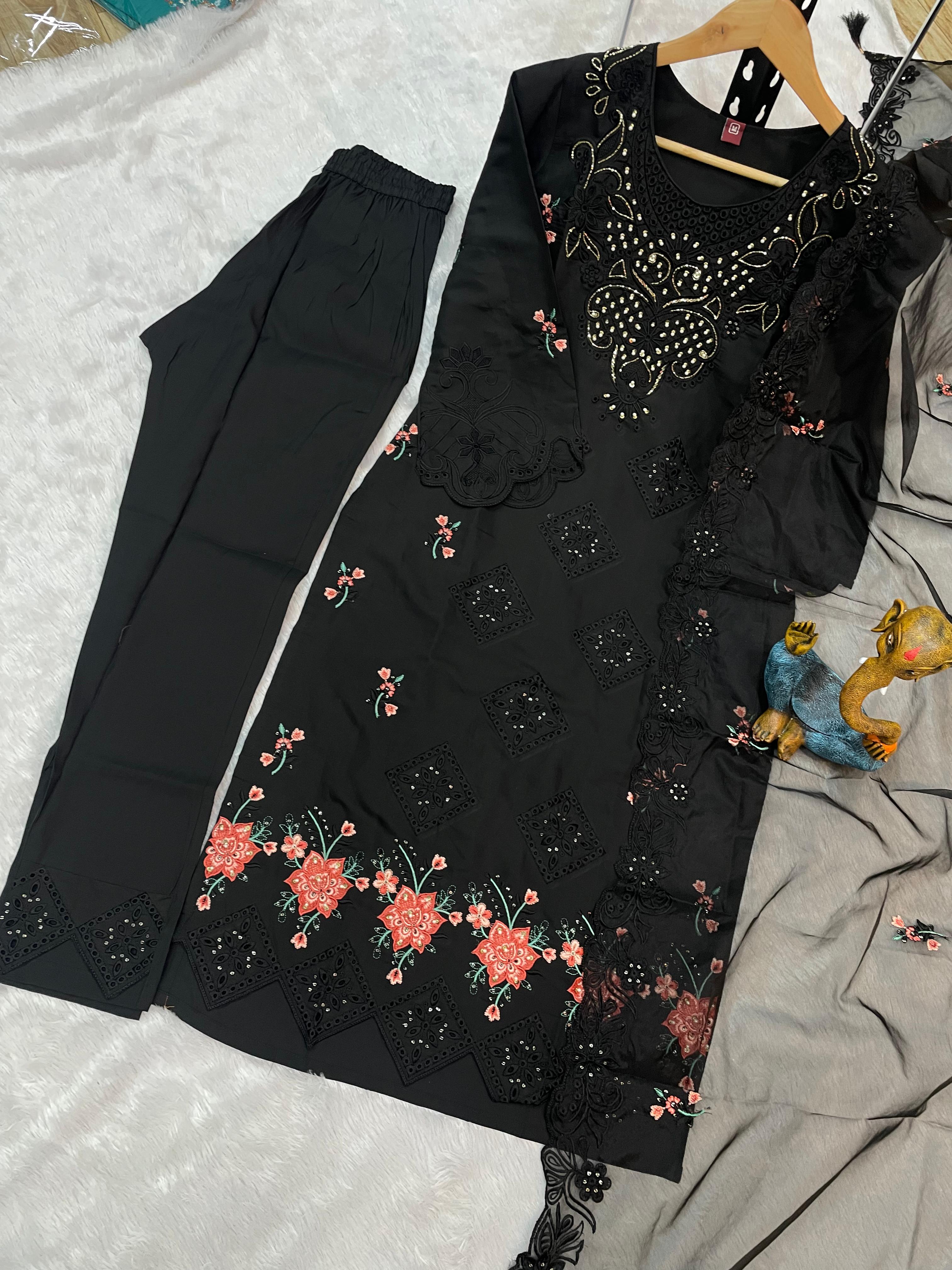 Heavy Viscose Roman Embroidered Straight Kurti Set – Black