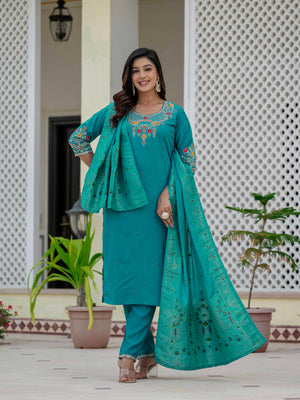 Premium Roman Silk Embroidered Straight Kurti Set – Firozi