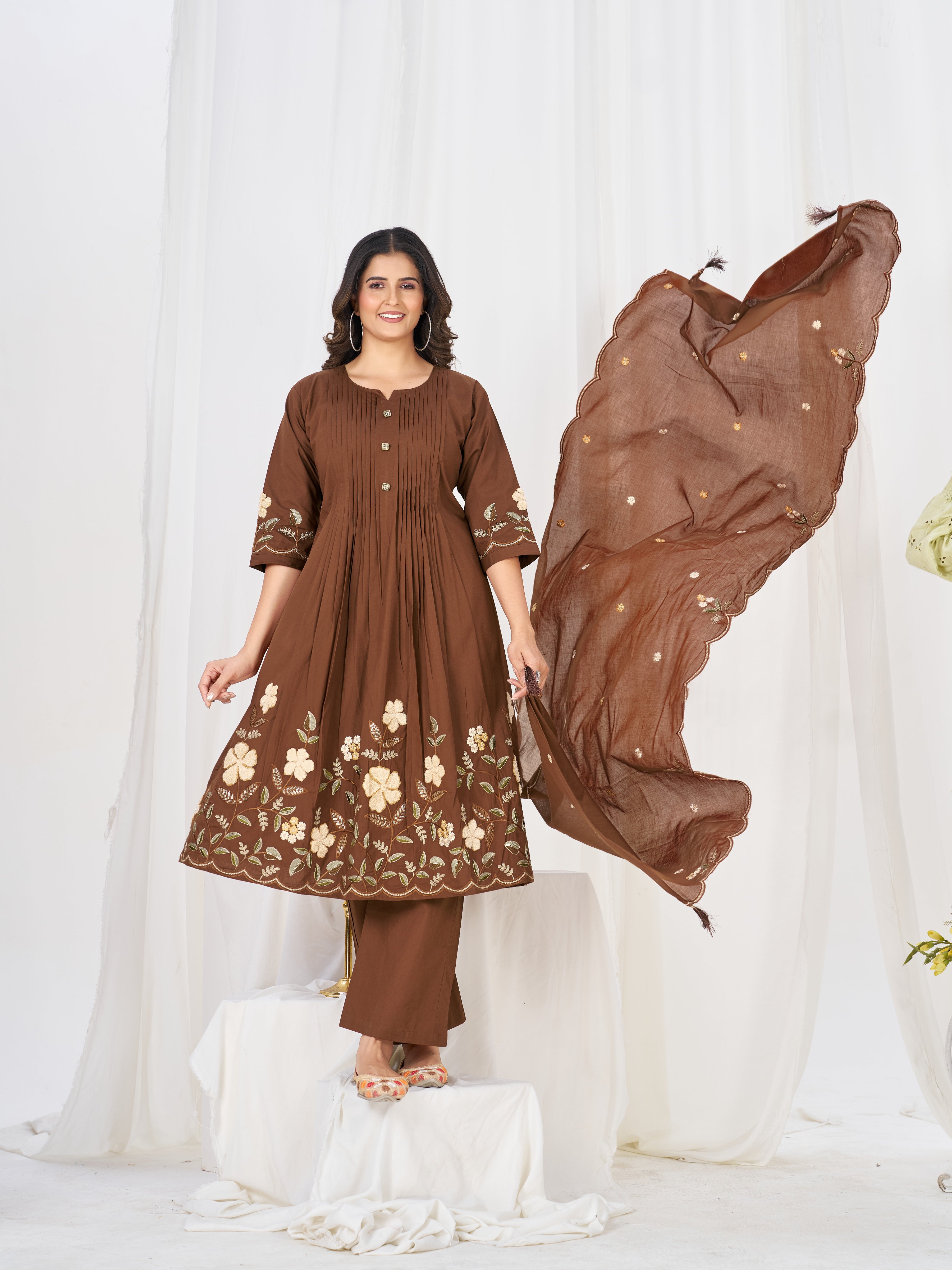 Pure Cotton Embroidered Anarkali Kurti Set – Coffee
