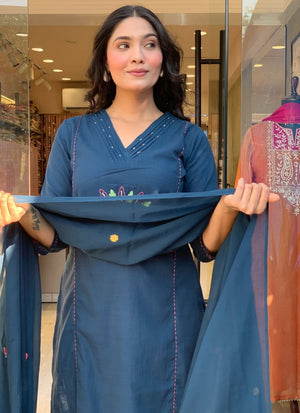 Rayon Slub Embroidered Kurta Pant Dupatta Set – Teal Blue
