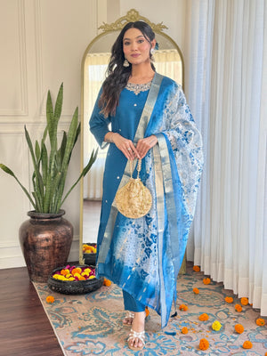 Roman Silk Embroidered Kurta Pant Dupatta Set – Sky Blue