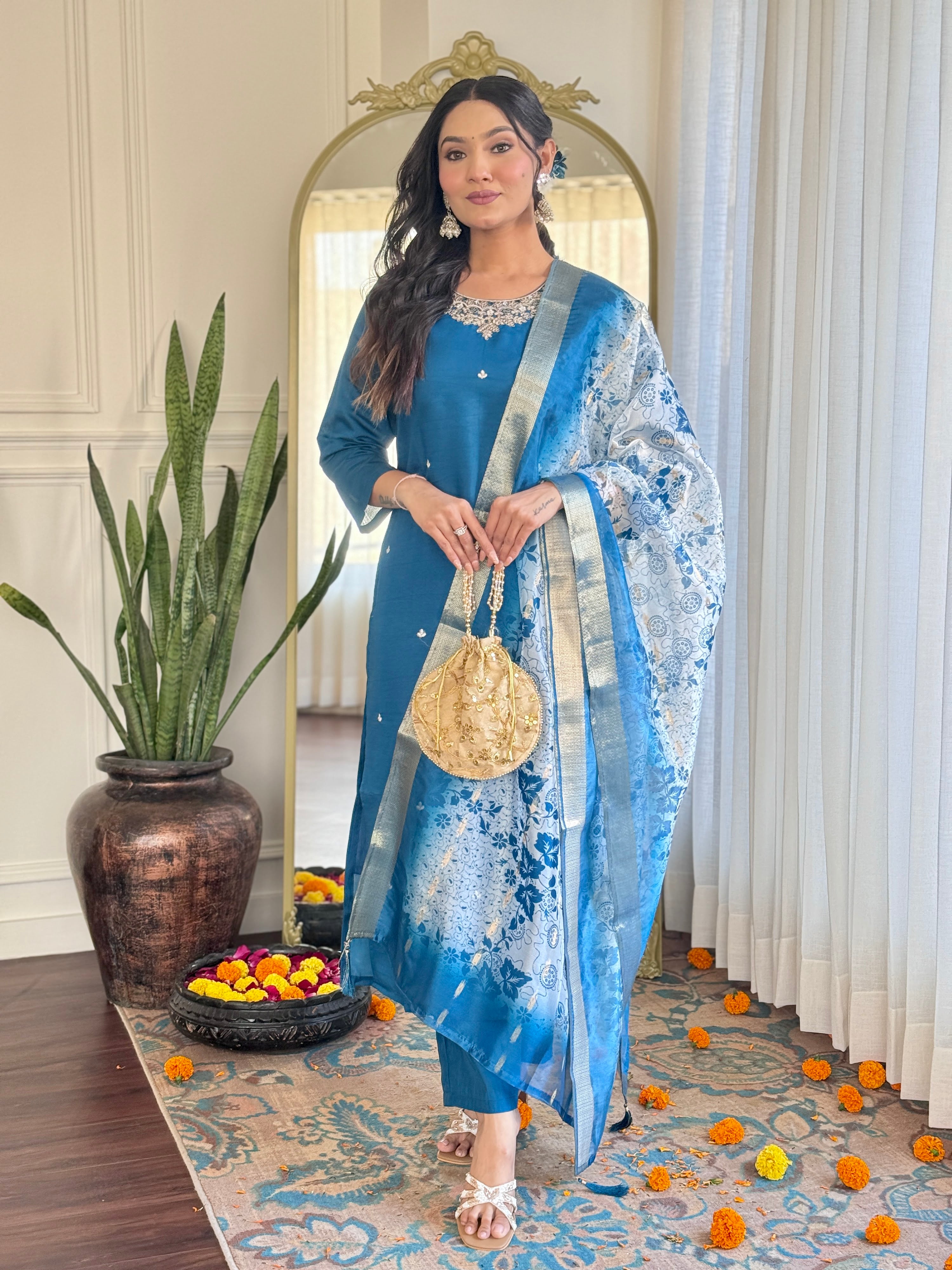 Roman Silk Embroidered Kurta Pant Dupatta Set – Sky Blue