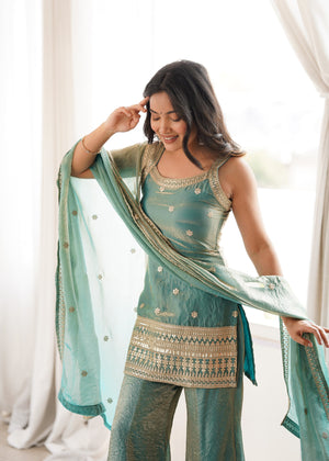 Frendy Silk Embroidered Bell Bottom Set – Sea Green