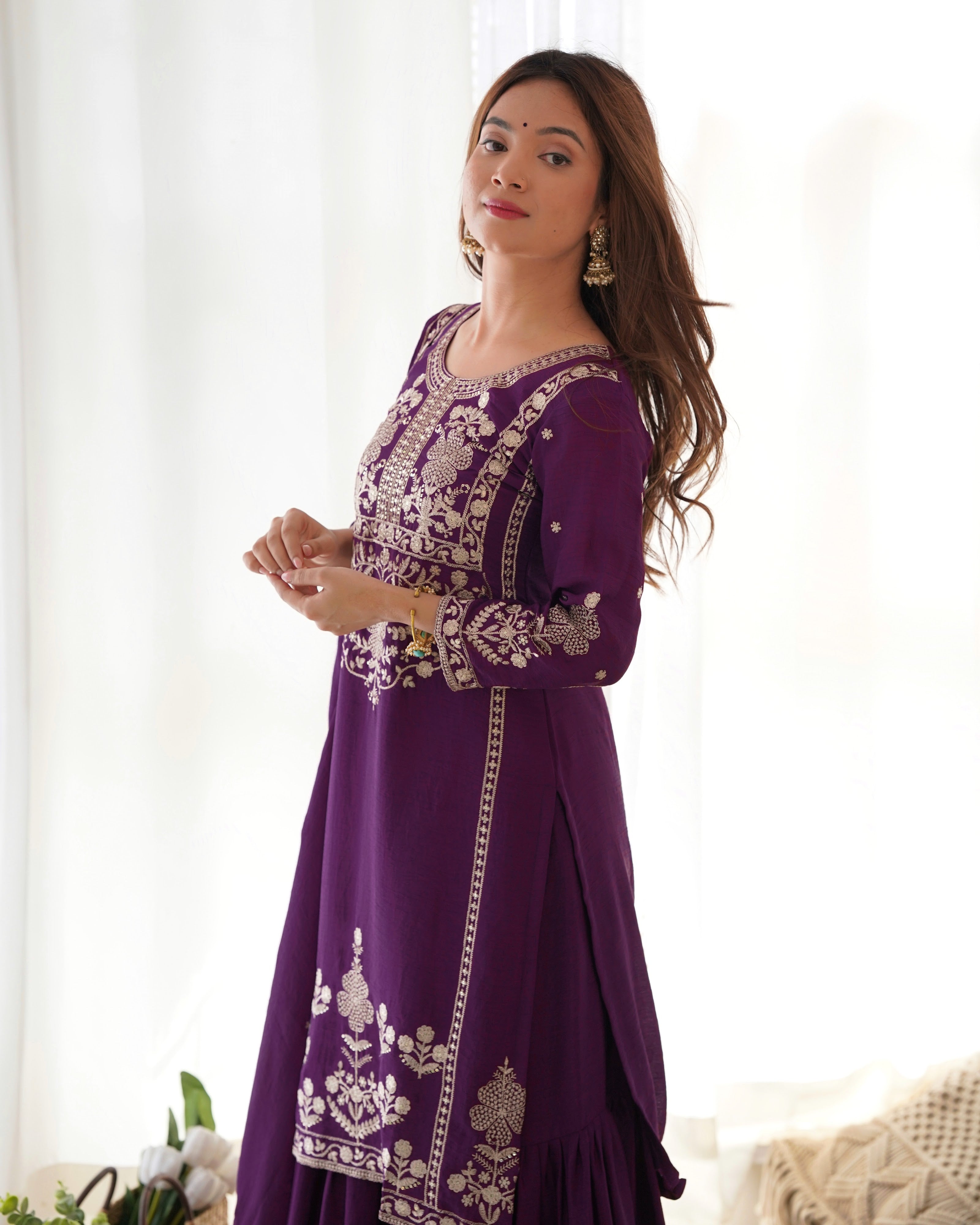 Chinon Silk Embroidered Kurta-Sharara Set – Purple