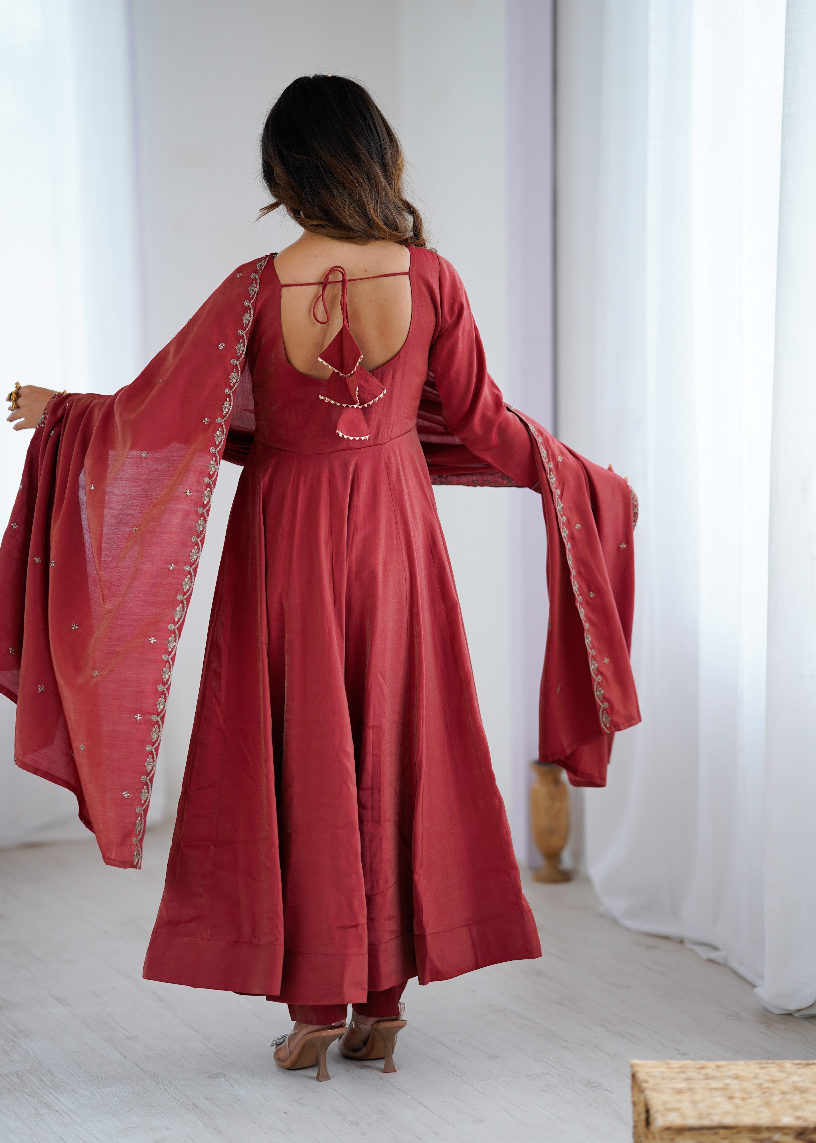 Roman Shimmer Silk Embroidered Anarkali Set – Maroon