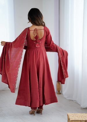 Roman Shimmer Silk Embroidered Anarkali Set – Maroon
