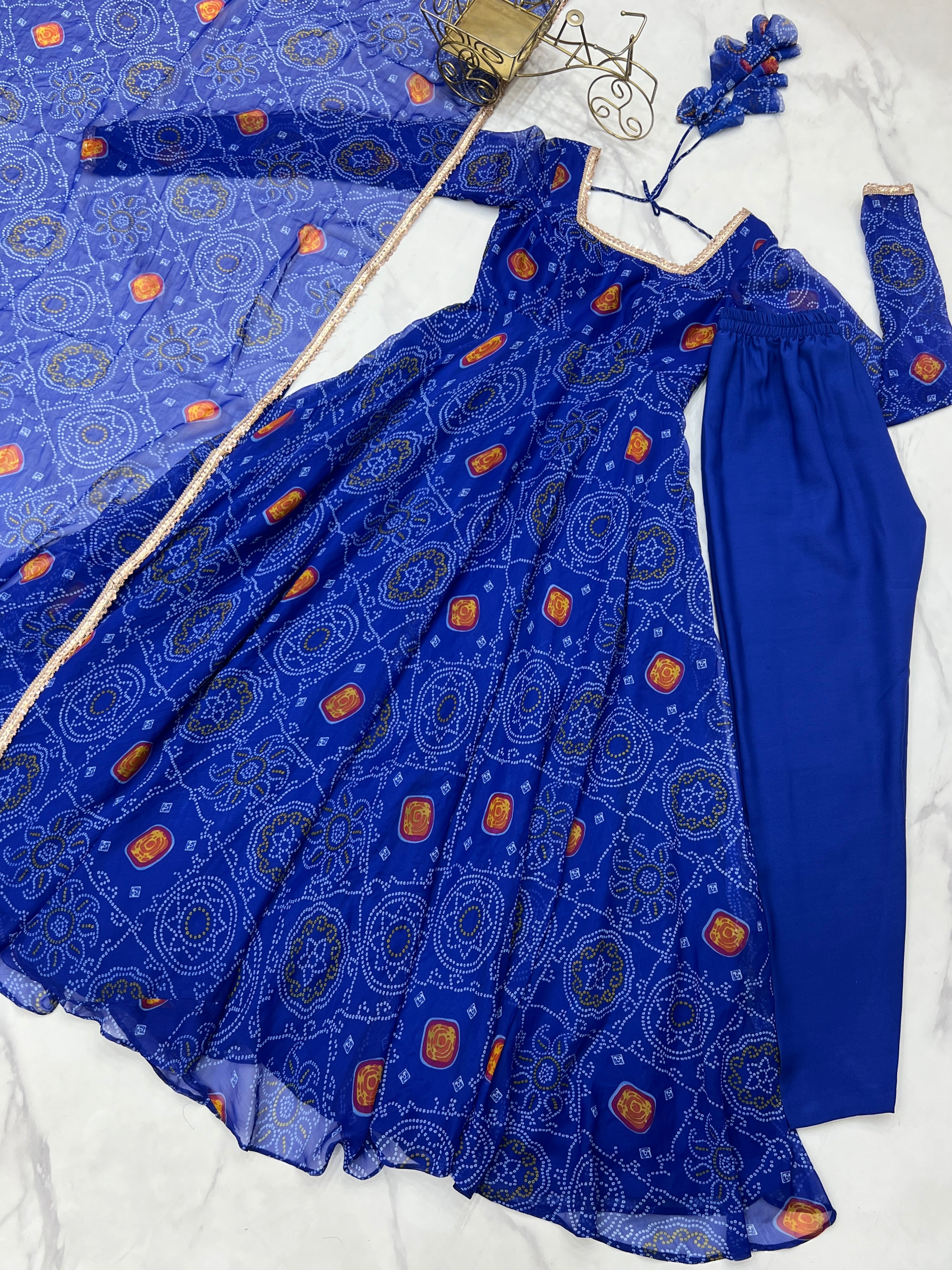 Soft Lightweight Chiffon Bandhej Fabric Inner Micro Cotton Embroidered Anarkali Set – Blue