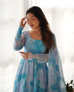 Organza Silk Printed Anarkali Set – Sky Blue