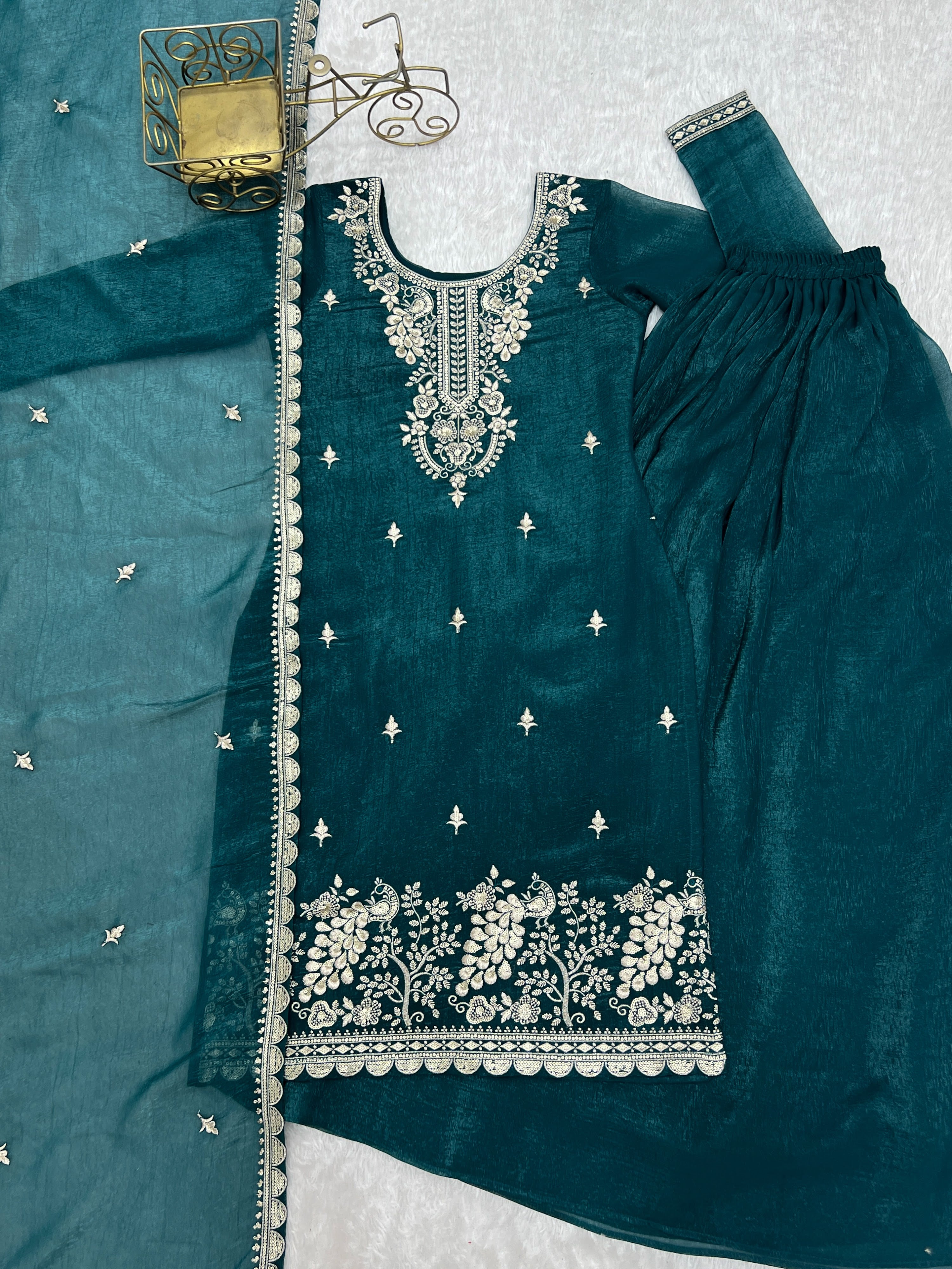 Crunchy Silk Embroidered Sharara Set – Teal Blue