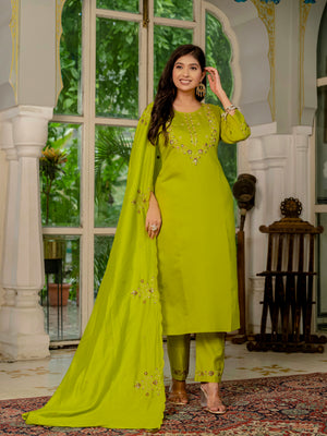Marina Silk Embroidered Straight Kurti Set – Parrot Green