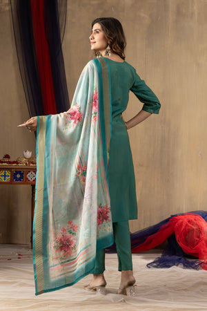 Shimmer Gold Silk Embroidered Straight Kurti Set – Rama Green