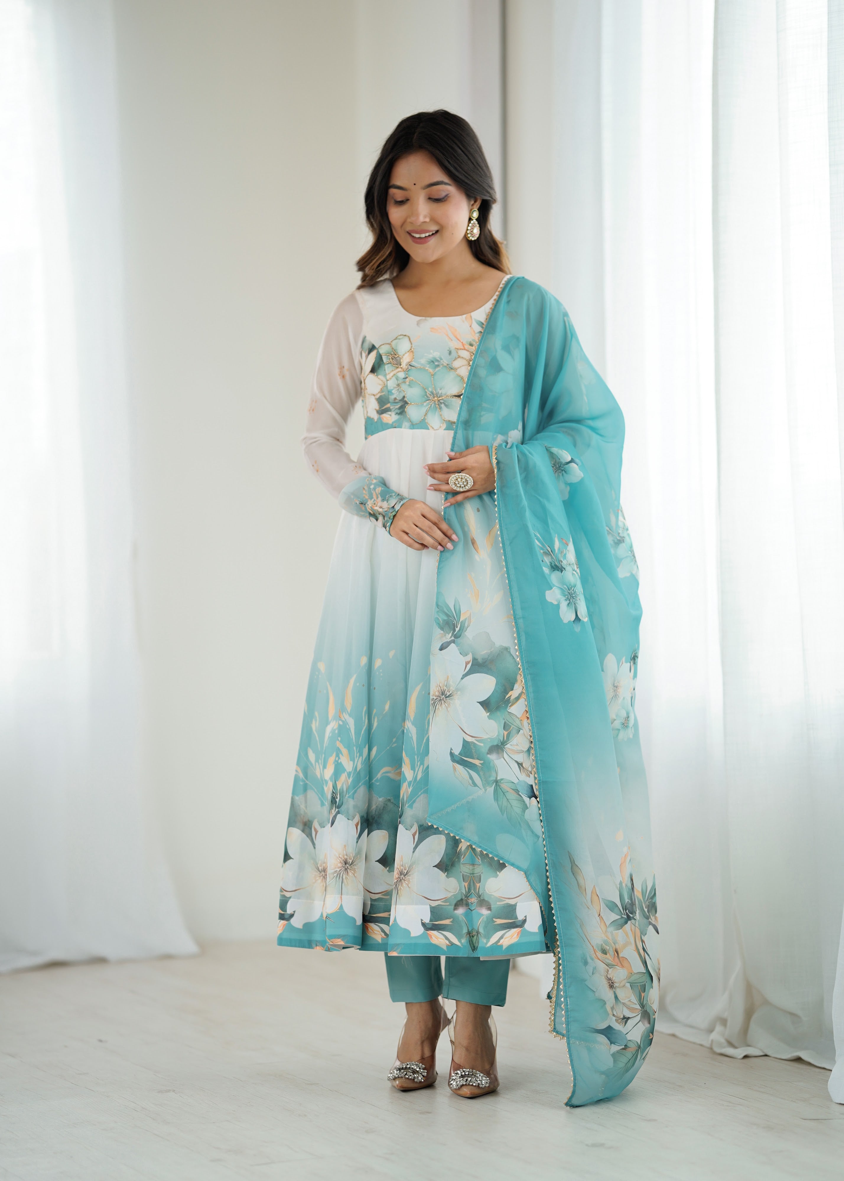 Organza Silk Printed Anarkali Set – Aqua Blue