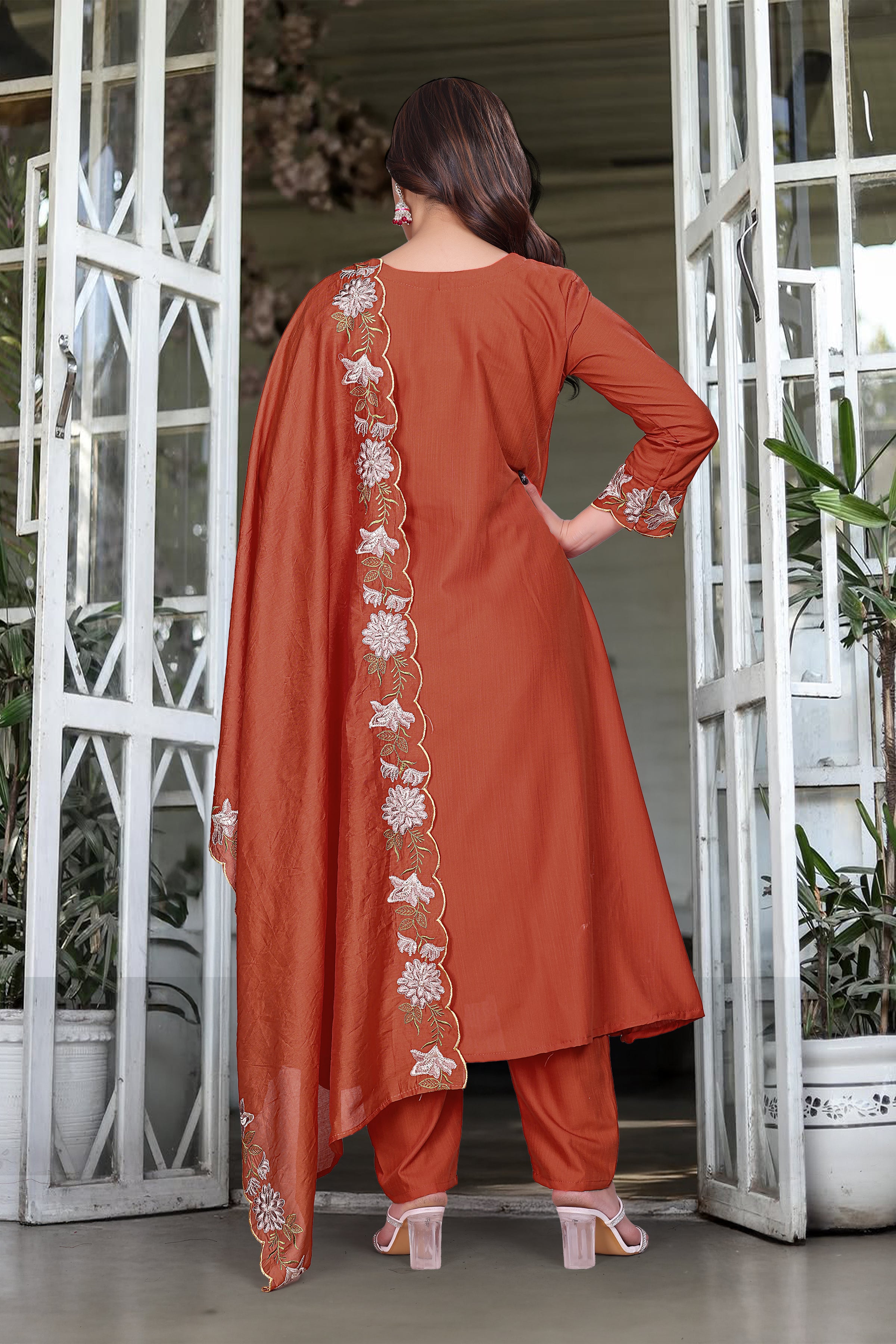 Soft Rayon Slub Embroidered Kurta Pant Dupatta Set – Orange