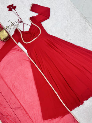 Georgette Embroidered Gown Set – Red