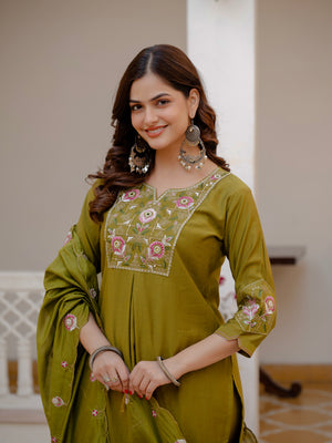 Pure Viscose Mango Silk Embroidered Straight Kurti Set – Mahendi Green