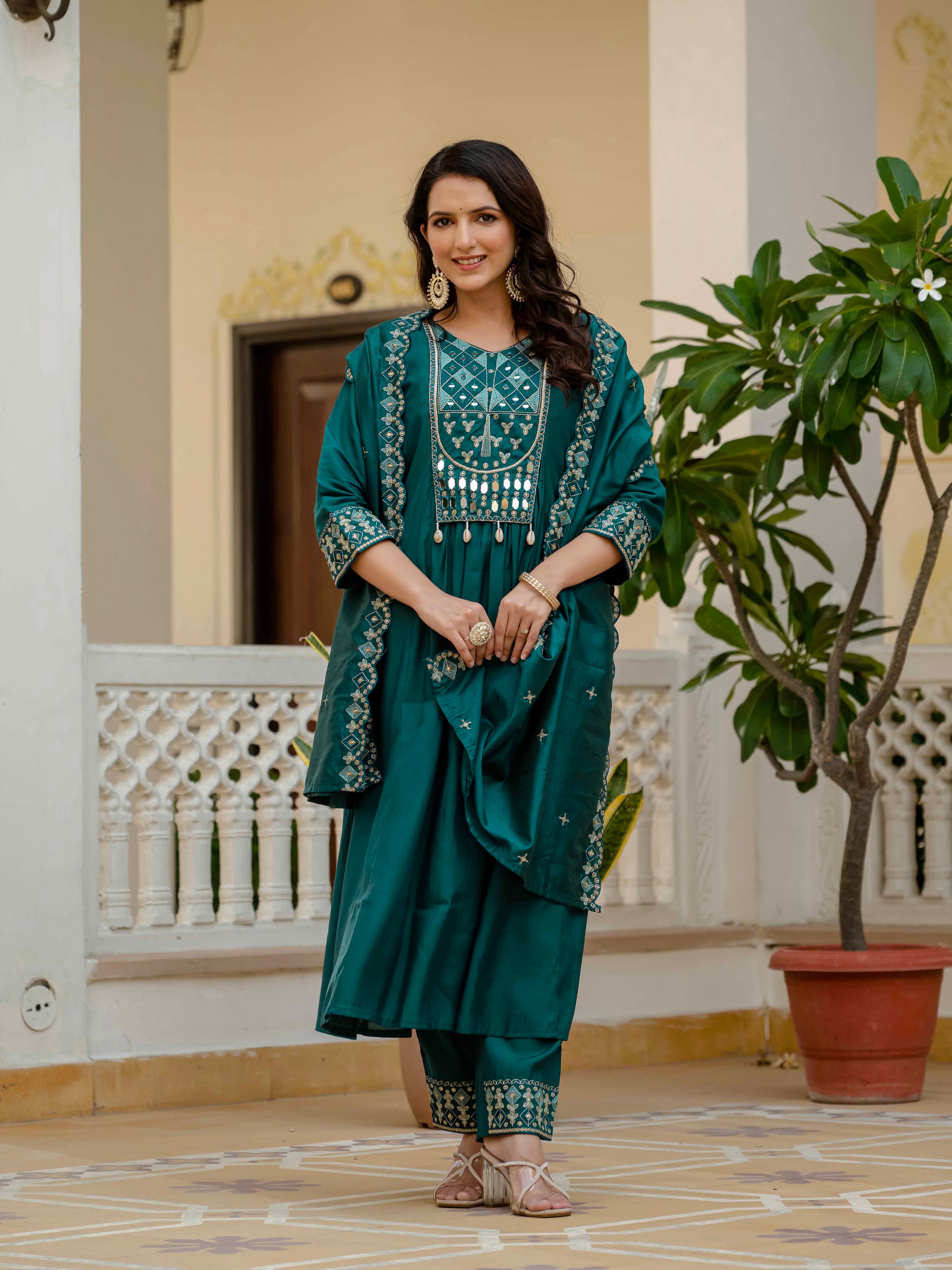 Viscose Roman Silk Embroidered Anarkali Kurti Set – Teal