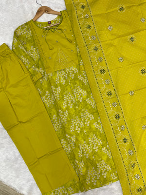 Pure Cotton Embroidered Straight Kurti Set – Yellow Green