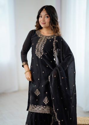 Crunchy Silk Embroidered Kurta-Sharara Set – Black