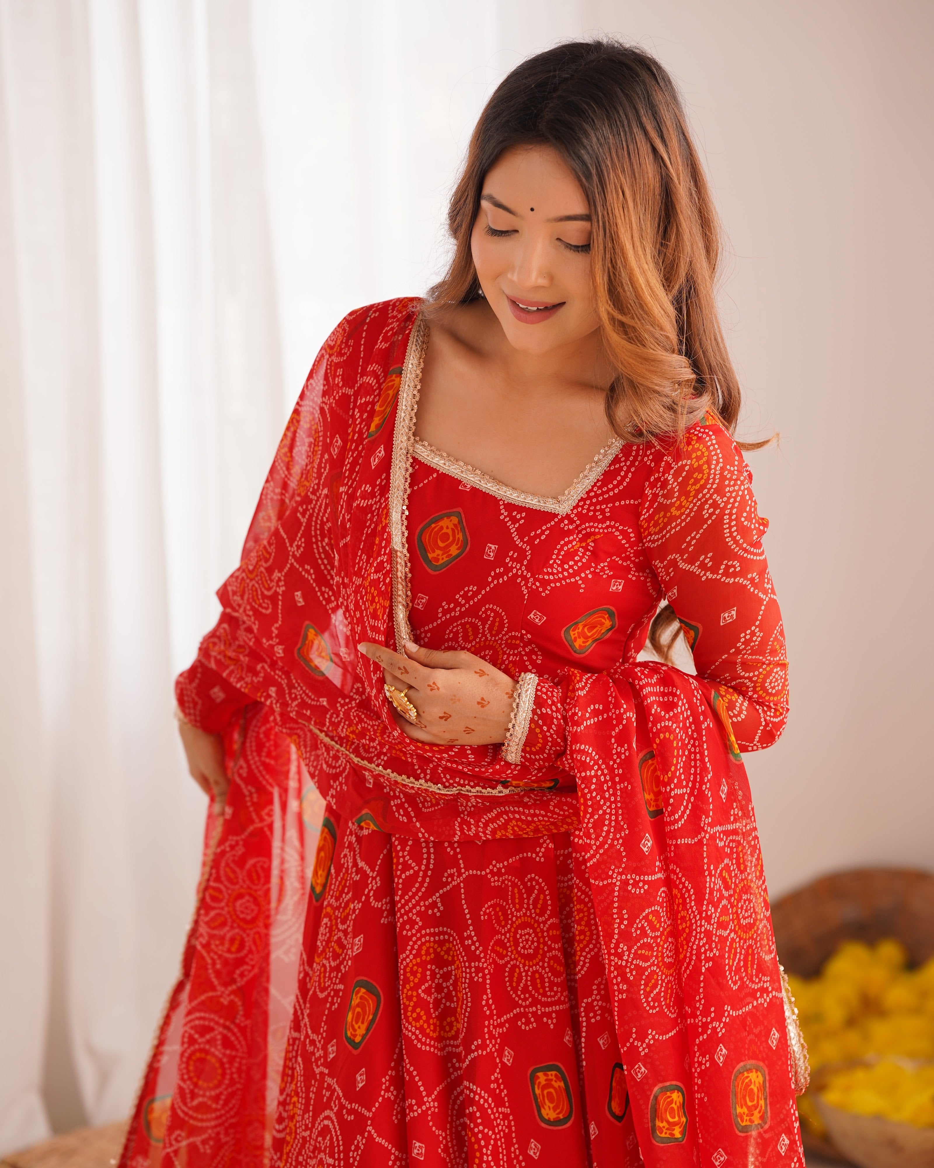 Soft Lightweight Chiffon Bandhej Fabric Inner Micro Cotton Embroidered Anarkali Set – Orange