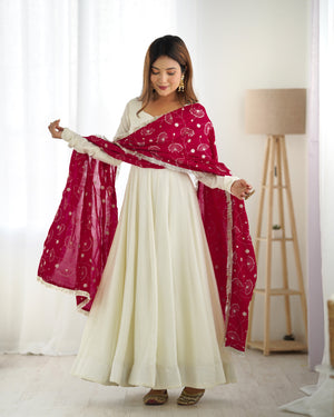 Vichitra Silk Designer Anarkali Set – Ivory & Rani Pink