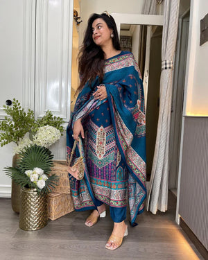 Rayon Printed Kurta Pant Dupatta Set – Navy Blue