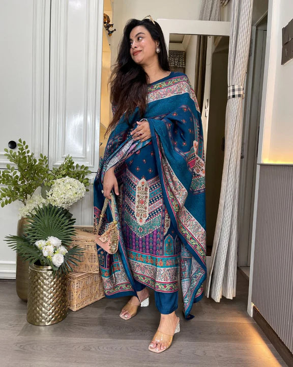 Rayon Printed Kurta Pant Dupatta Set – Navy Blue