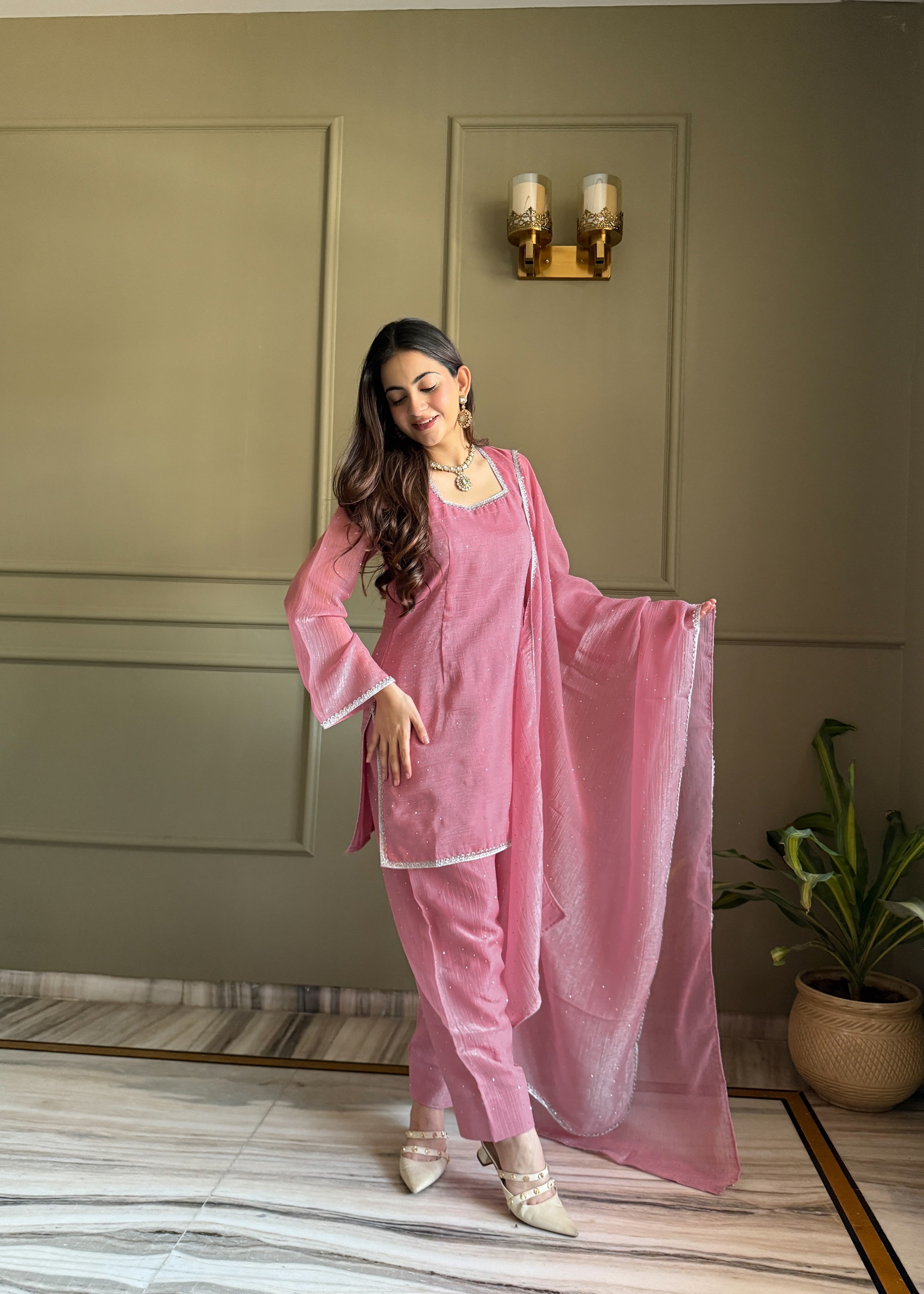 Crunchy Silk Embroidered Farshi Salwar Set – Pink