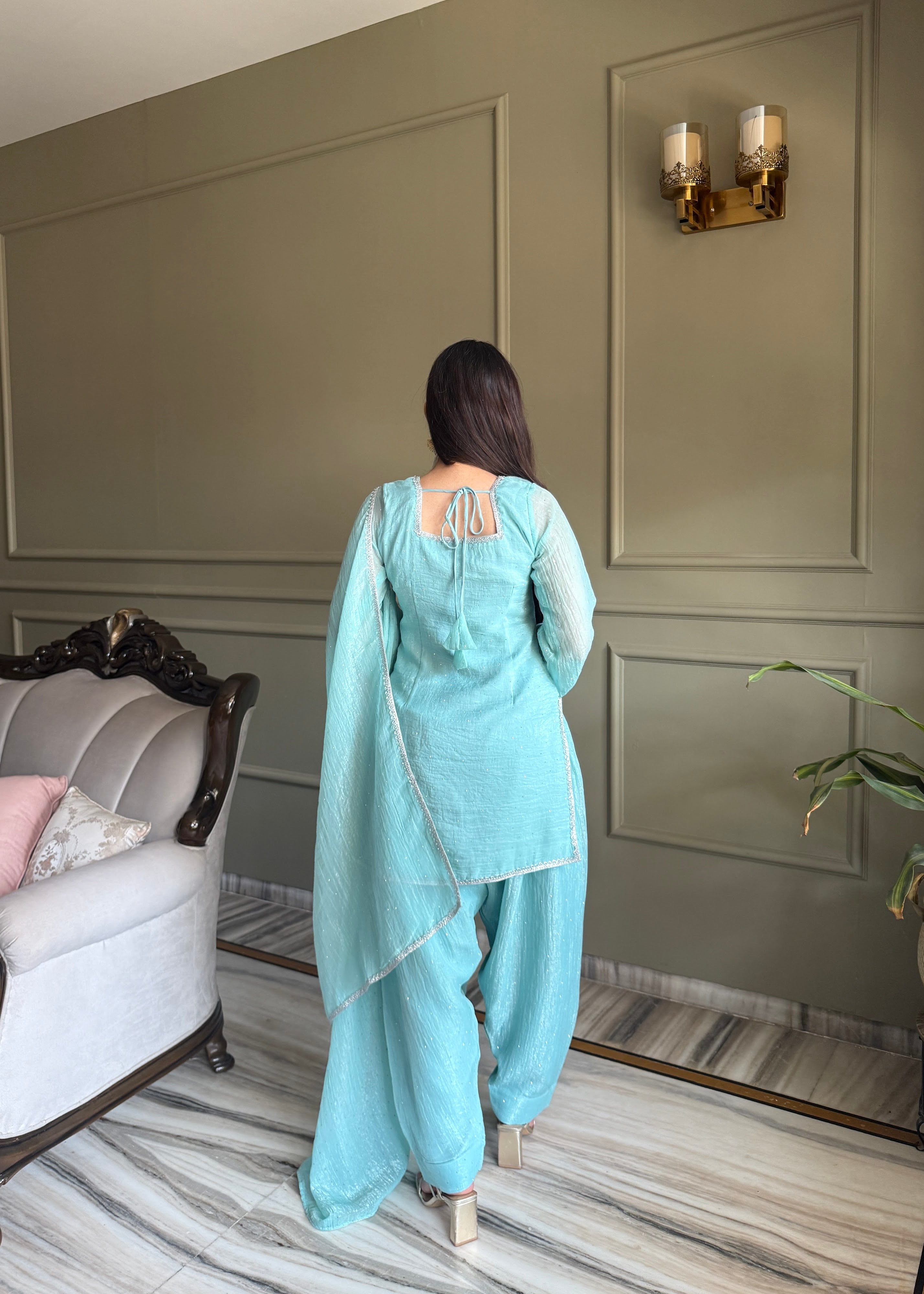 Crunchy Silk Embroidered Farshi Salwar Set – Sky