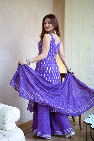 Rayon Slub Printed Kurta Pant Dupatta Set – Purple