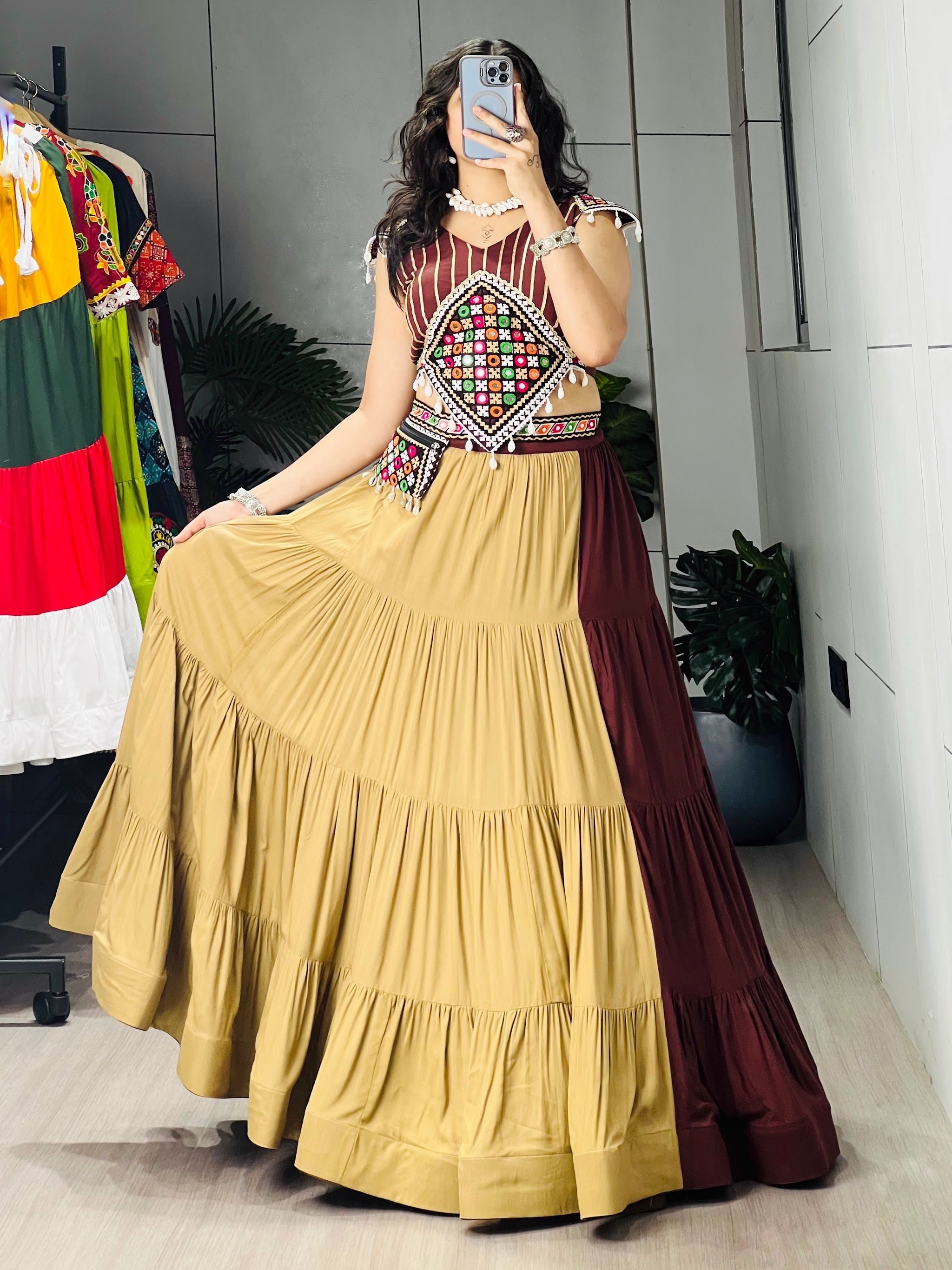 Navratri Brown Beige Brownie Lehenga Set