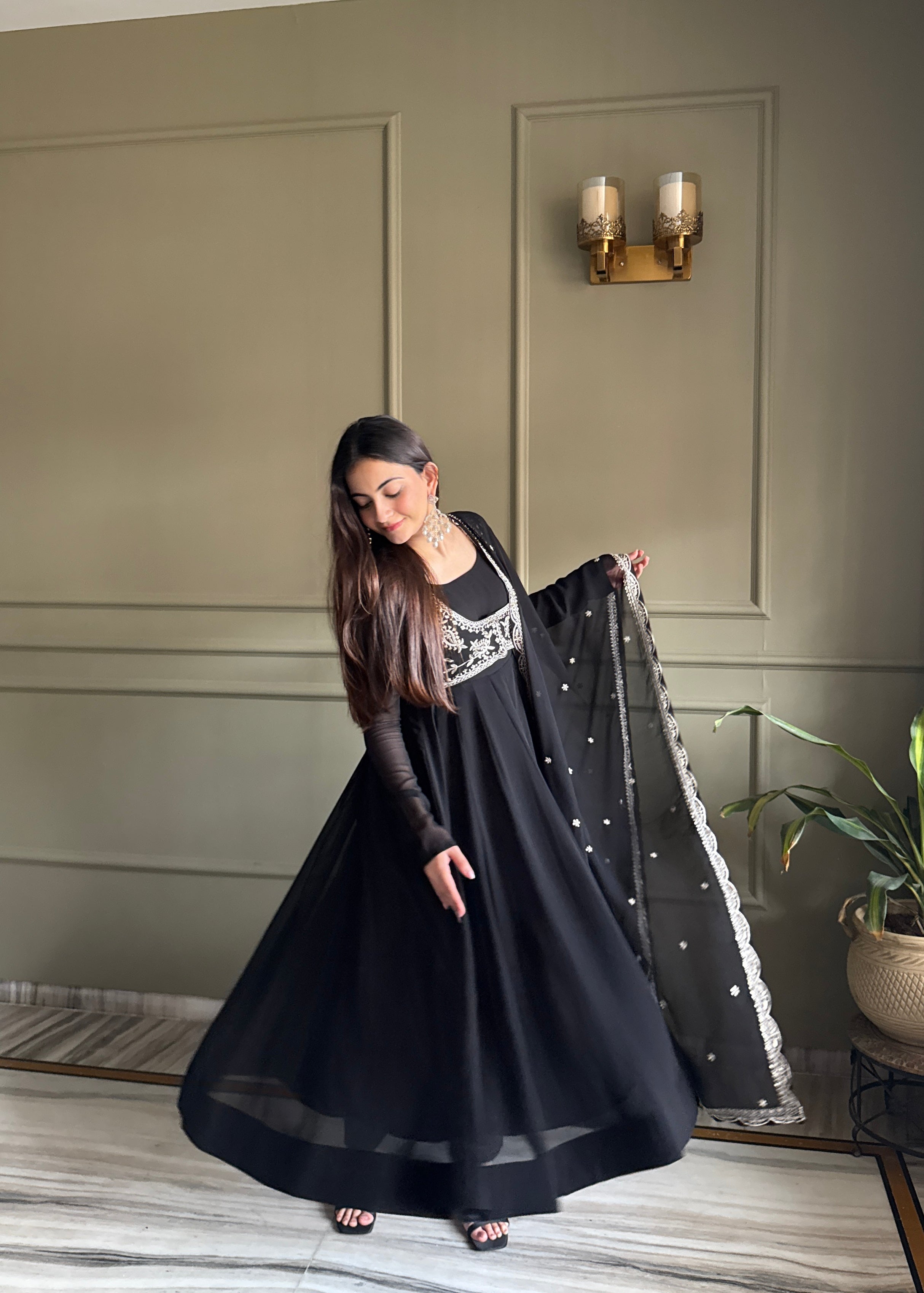 Georgette Embroidered Anarkali Set – Black