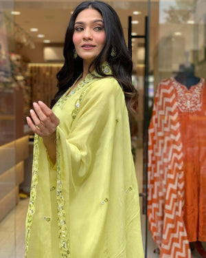 Viscose Chinon Embroidered Kurta Pant Dupatta Set – Lime Green