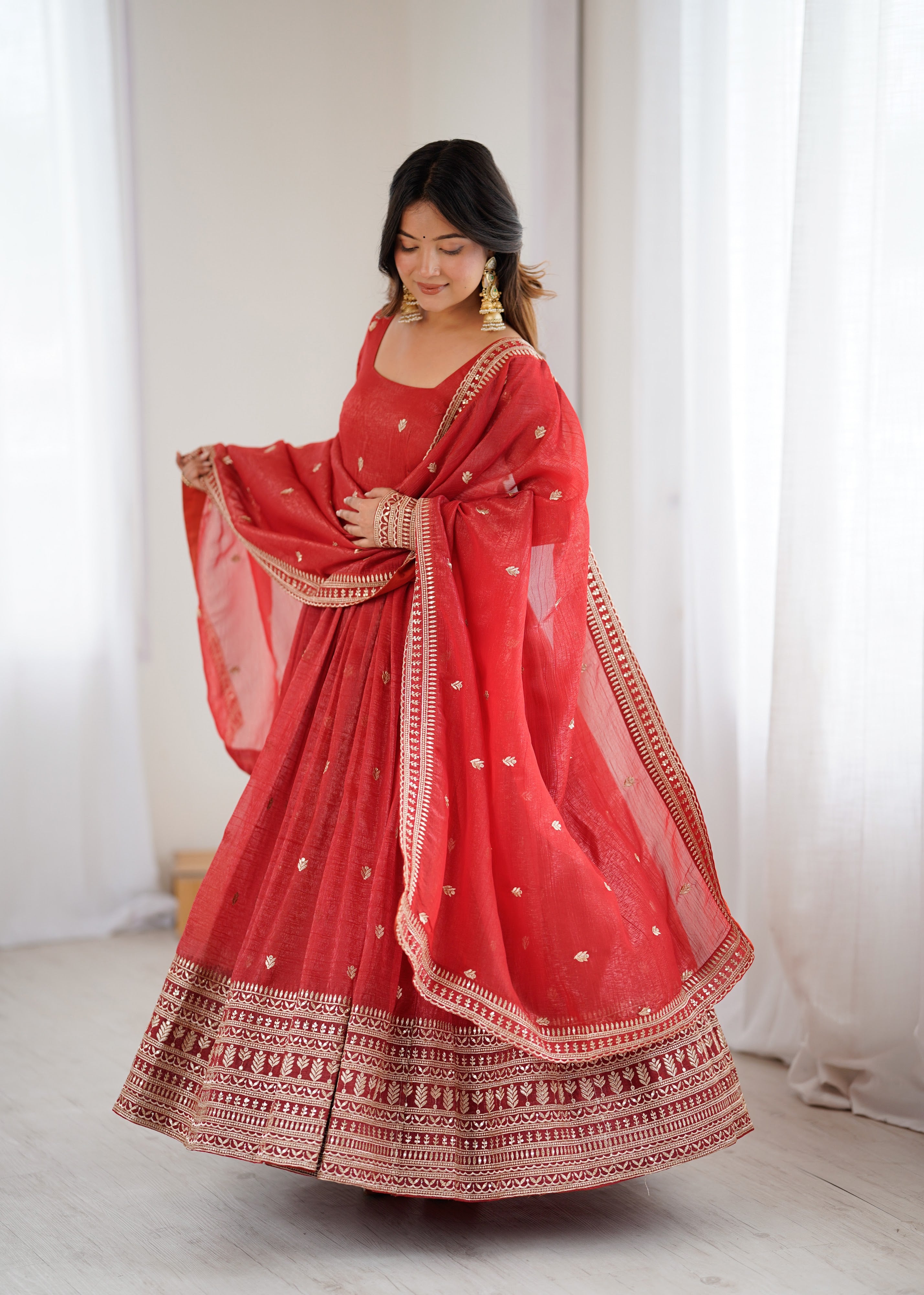 Crunchy Silk Embroidered Gown Set – Rust