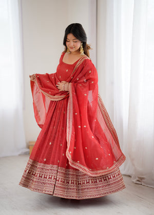 Crunchy Silk Embroidered Gown Set – Rust