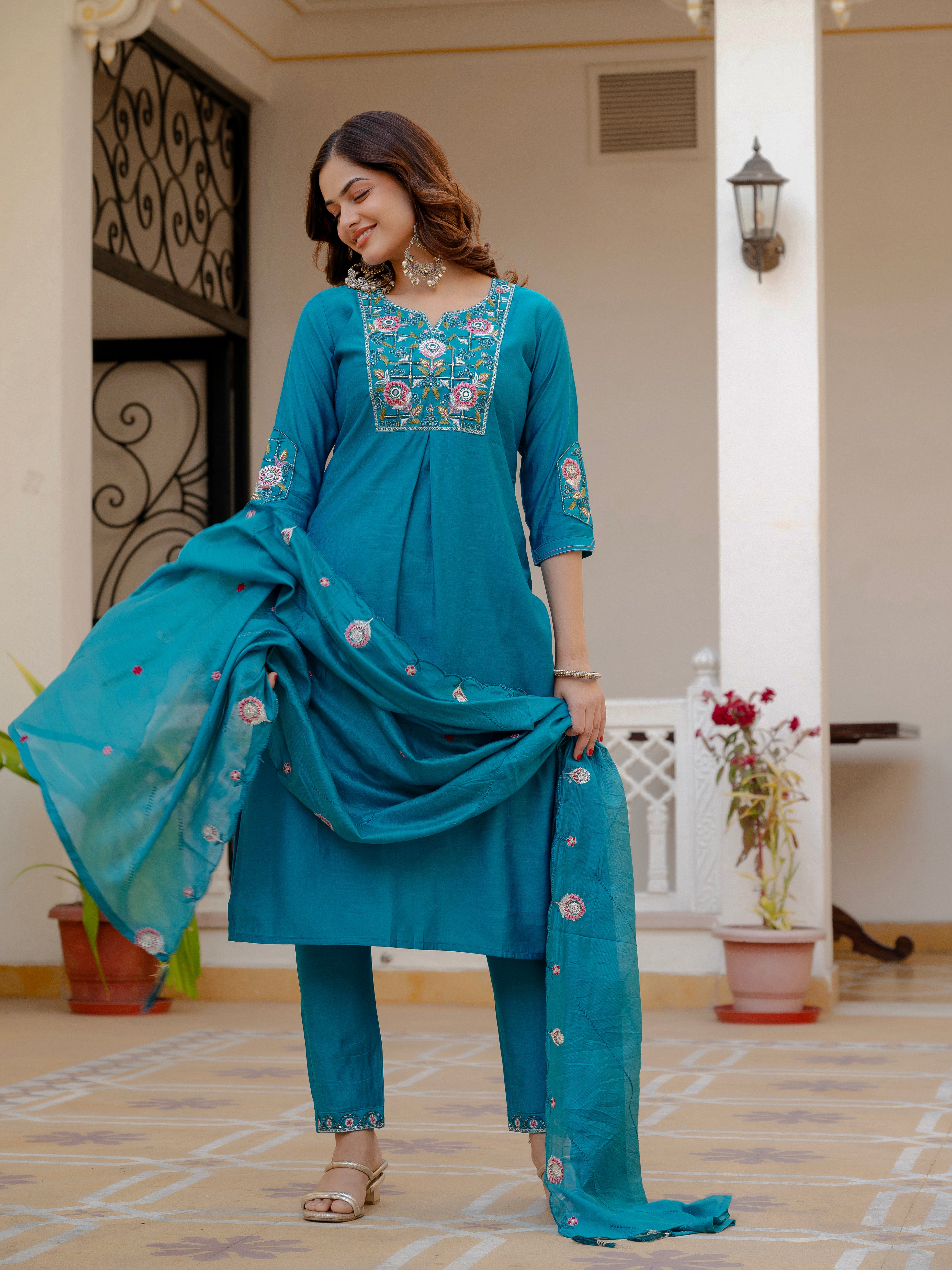 Pure Viscose Mango Silk Embroidered Straight Kurti Set – Firozi