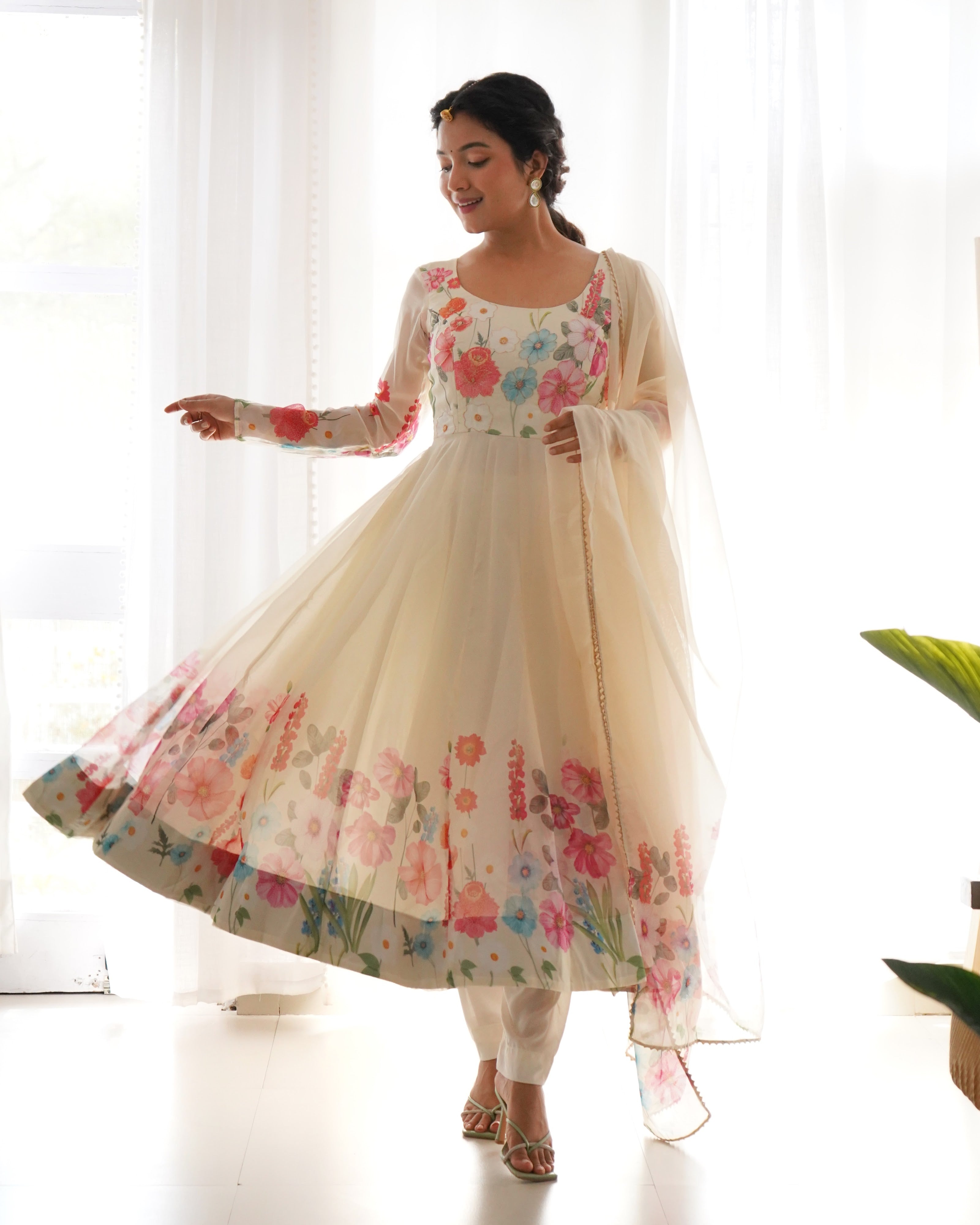 Organza Silk Printed Anarkali Set – Cream