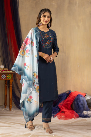 Viscose Mango Silk Embroidered Straight Kurti Set – Navy Blue
