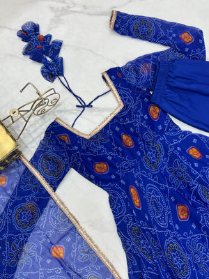 Soft Lightweight Chiffon Bandhej Fabric Inner Micro Cotton Embroidered Anarkali Set – Blue