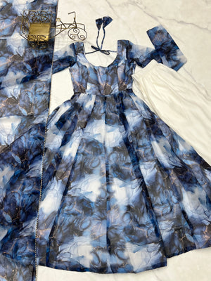 Organza Silk Printed Anarkali Set – Navy Blue