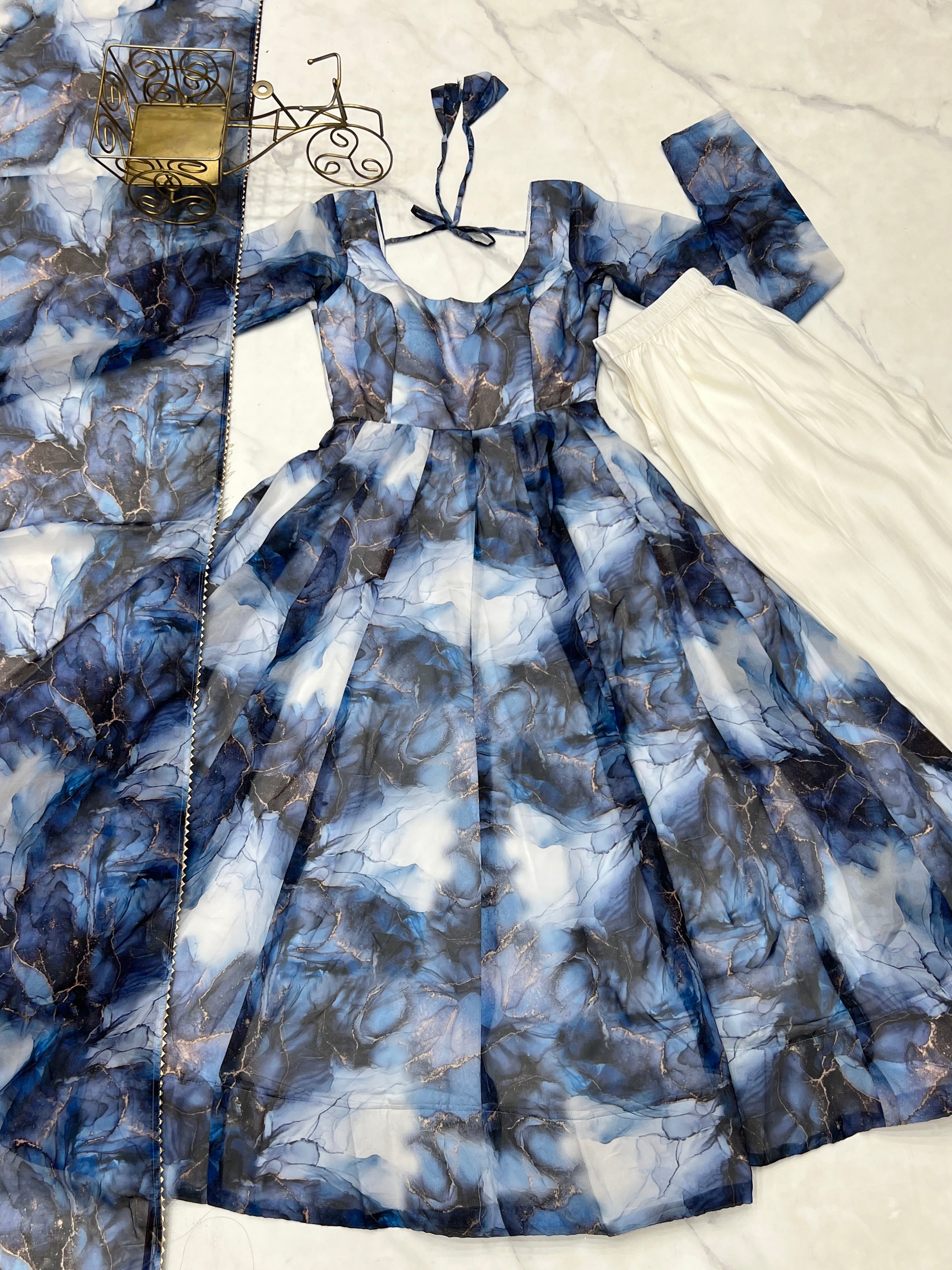 Organza Silk Printed Anarkali Set – Navy Blue