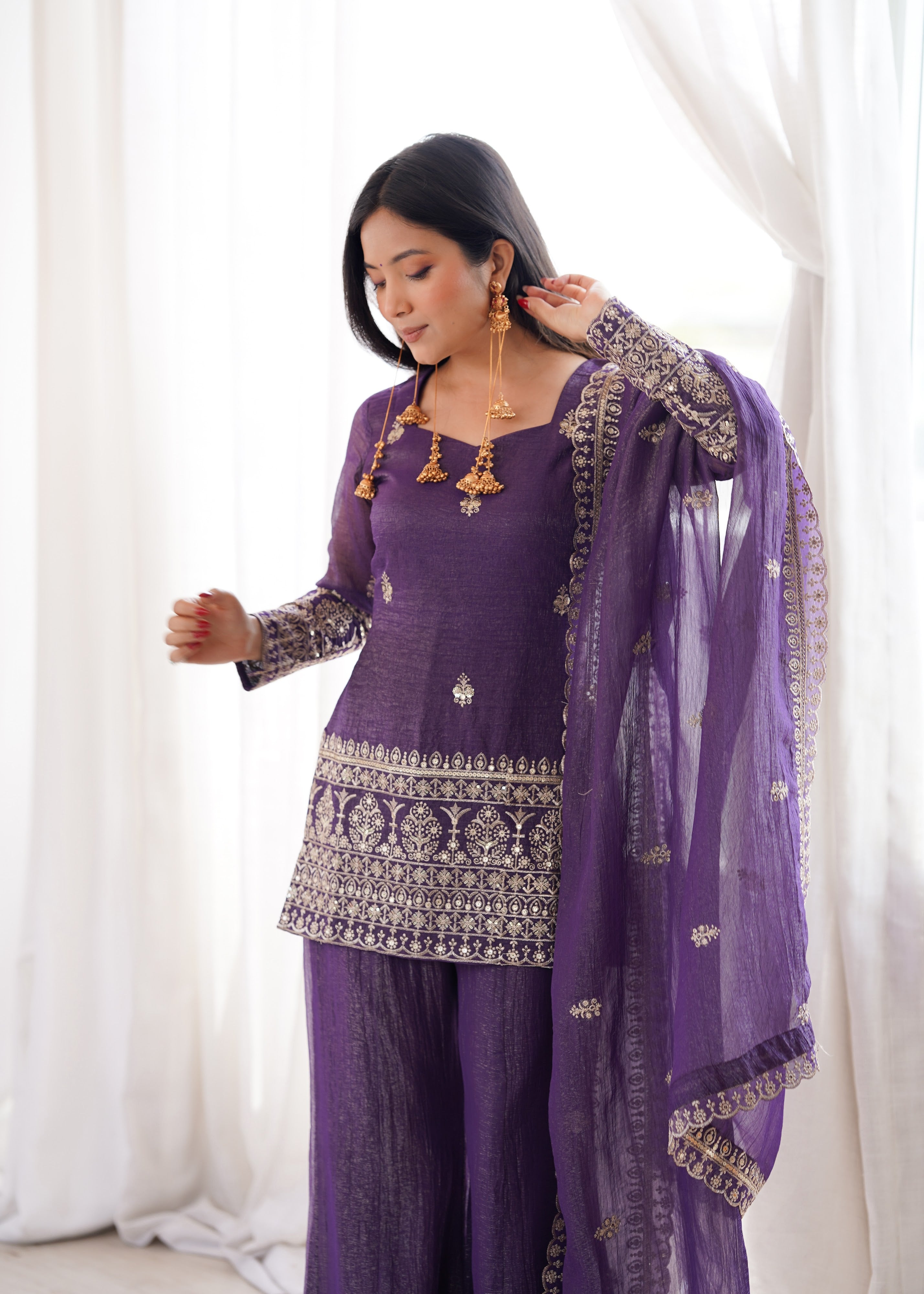 Crunchy Silk Embroidered Bell Bottom Set – Purple