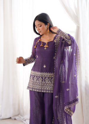 Crunchy Silk Embroidered Bell Bottom Set – Purple
