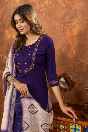 Marina Silk Embroidered Straight Kurti Set – Purple