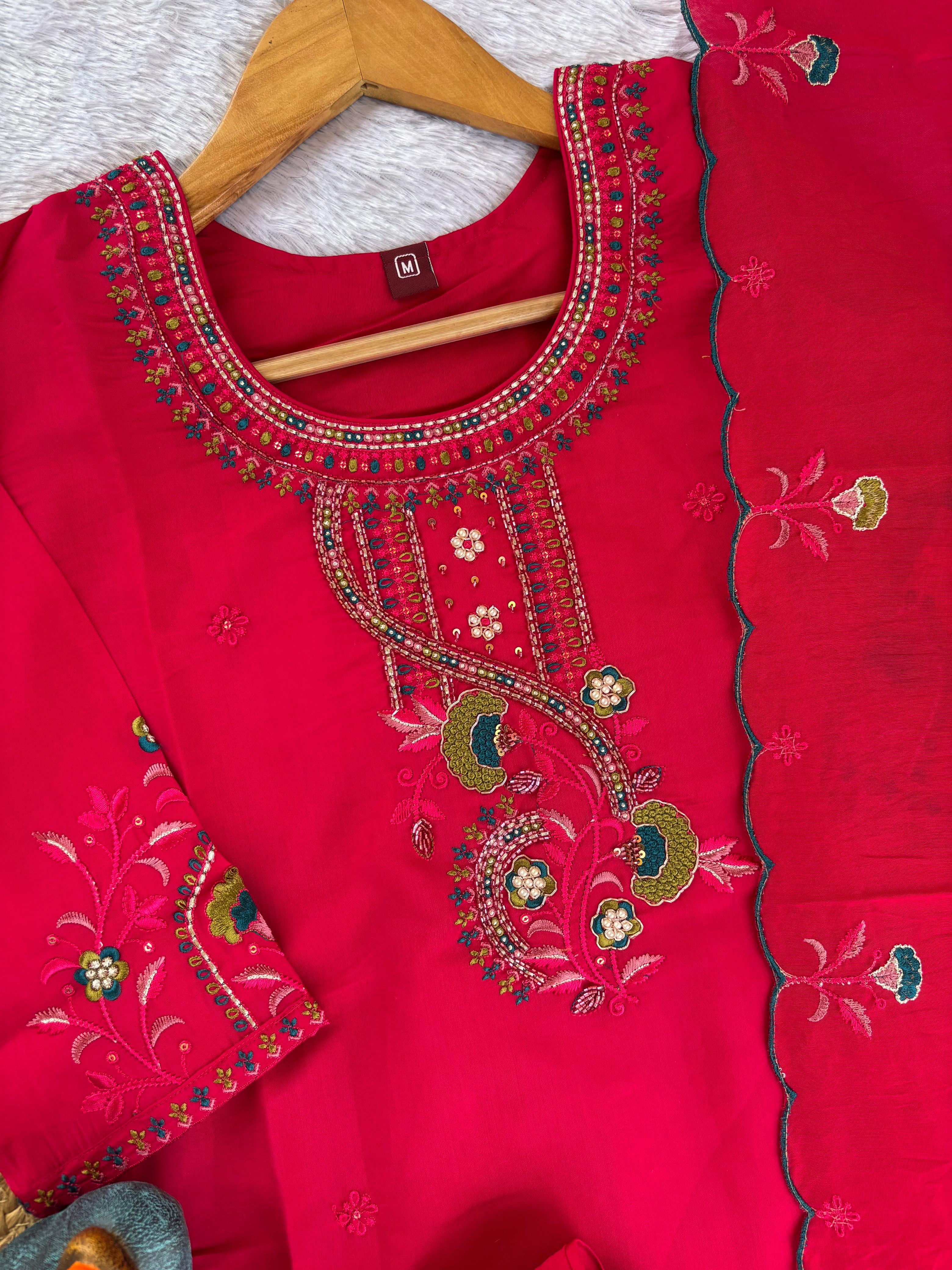 Roman Silk Embroidered Straight Kurti Set – Red