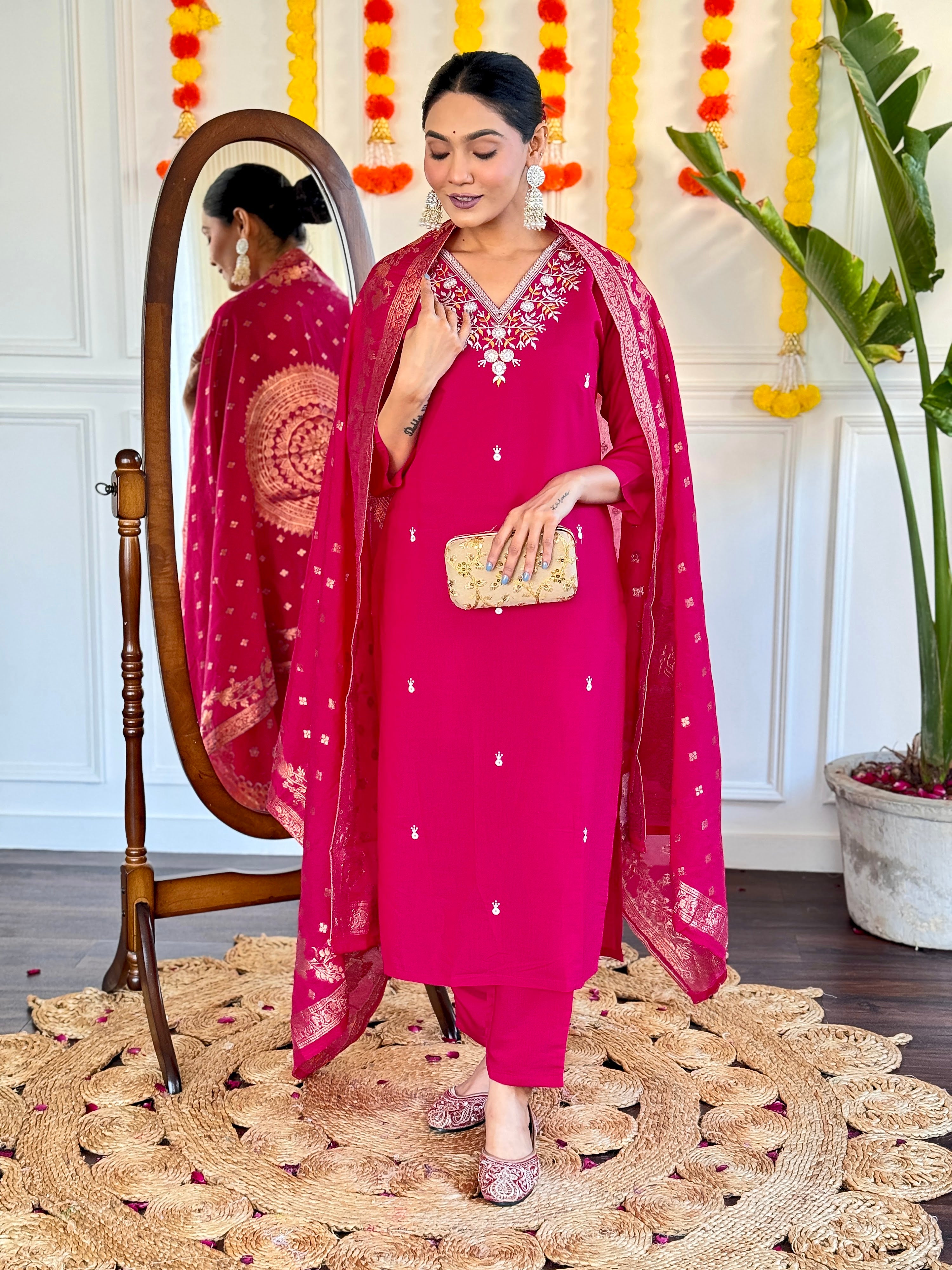 Viscose Chanderi Embroidered Kurta Pant Dupatta Set – Rani Pink