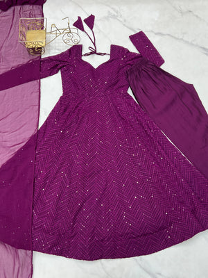 Georgette Embroidered Anarkali Set – Wine