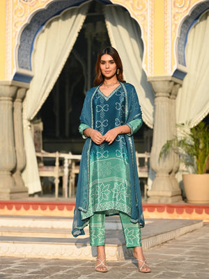 Chinon Silk Printed Kurta Pant Dupatta Set – Rama Green